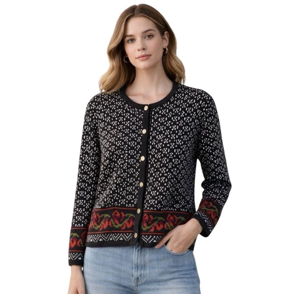 Vintage Tally Ho Sweater Womens Small Black Knit Floral Border Cardigan 90s